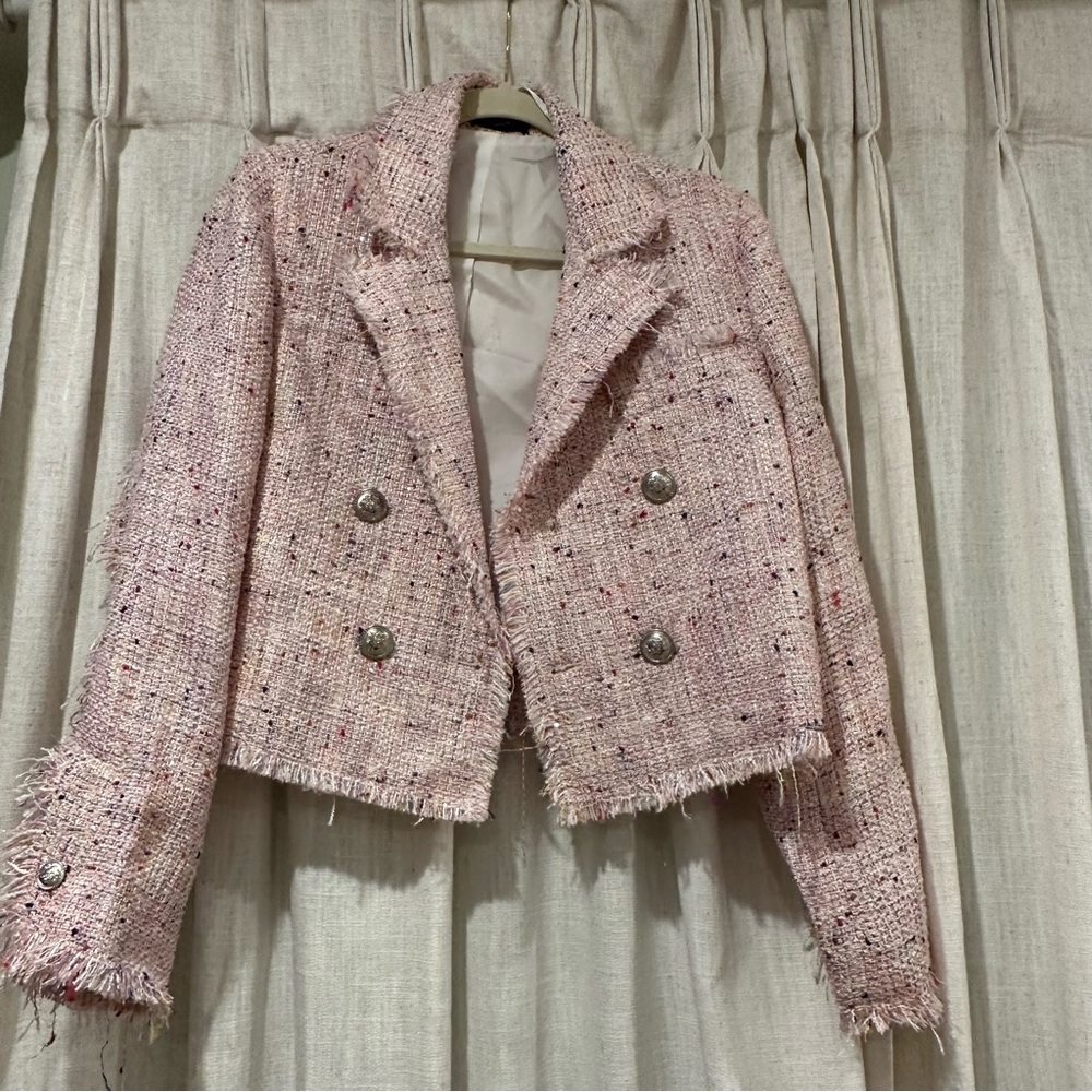 Aqua Tweed Double Breasted Cropped Blazer - Picture 5 of 10